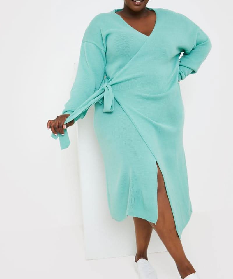 In The Style Green Rib Knit Wrap Midi Dress UK 30