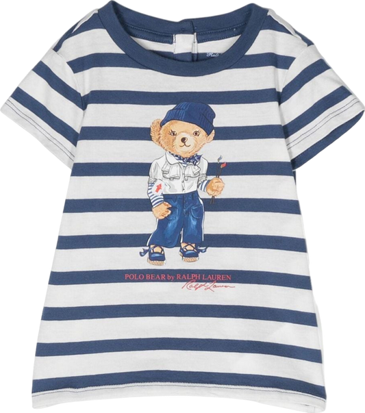 Polo Ralph Lauren Navy Blue / White Striped Polo Bear Motif T-shirt BNWT 3 Years
