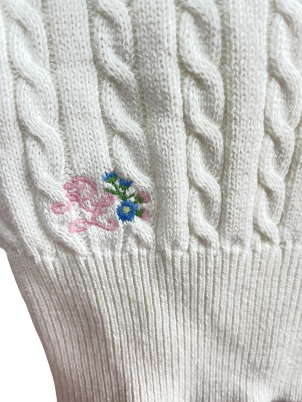 Polo Ralph Lauren White 100% Cotton Cable Knit Cardigan With Embroidered Logo And Flowers BNWT 3 Years