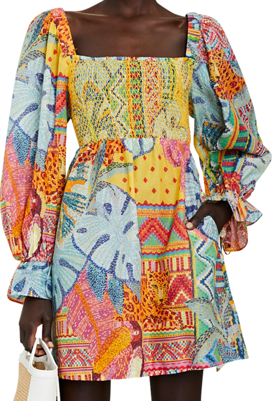 FARM RIO Multicoloured Summer Tapestry Smocked Mini Dress UK M