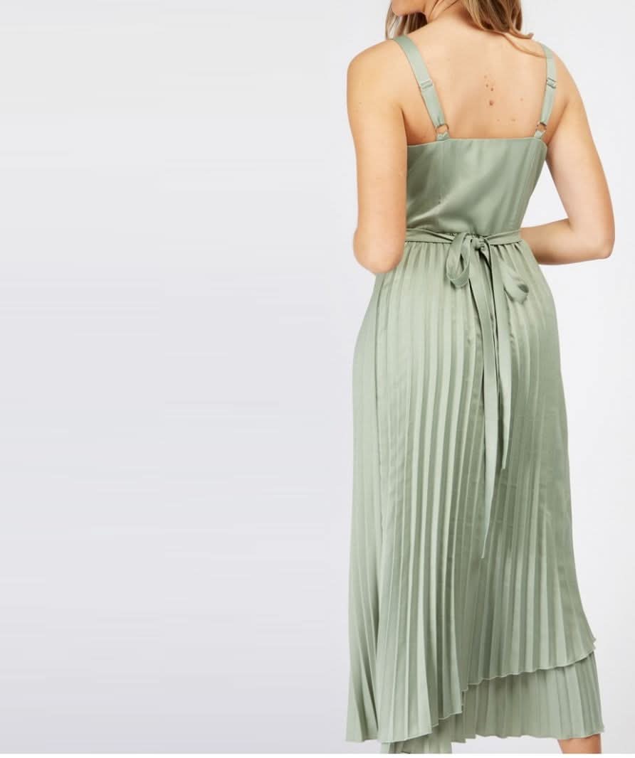 Little Mistress Green Khaki Satin Layered Pleat Midi Dress UK 10