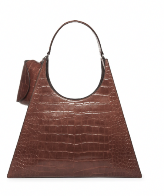 Staud Brown Large Rey Croc-embossed Calf Leather Shoulder Bag With Glasses/sunglasses Case