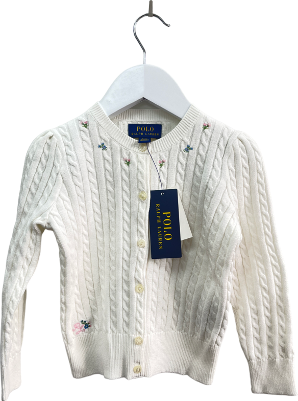 Polo Ralph Lauren White 100% Cotton Cable Knit Cardigan With Embroidered Logo And Flowers BNWT 3 Years