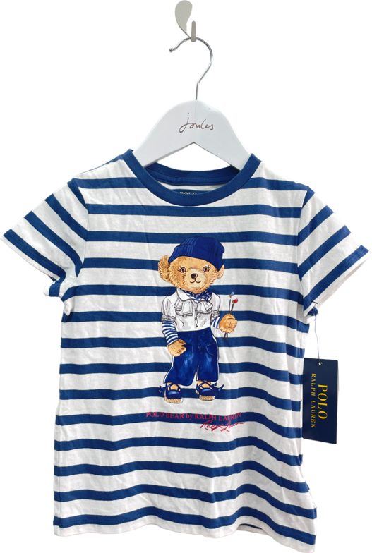 Polo Ralph Lauren Navy Blue / White Striped Polo Bear Motif T-shirt BNWT 6 Years