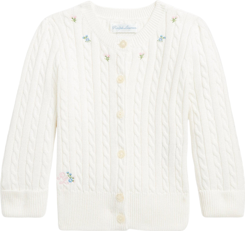 Polo Ralph Lauren White 100% Cotton Cable Knit Cardigan With Embroidered Logo And Flowers BNWT 3 Years