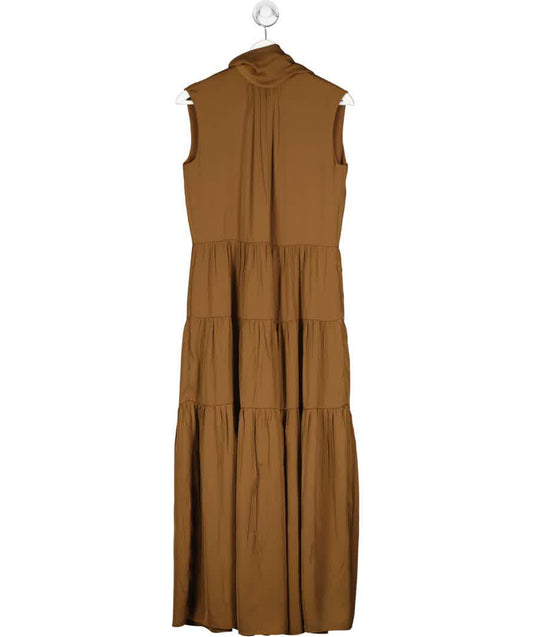 Theory Brown Satin Tiered Georgette High Neck Maxi Dress UK 4