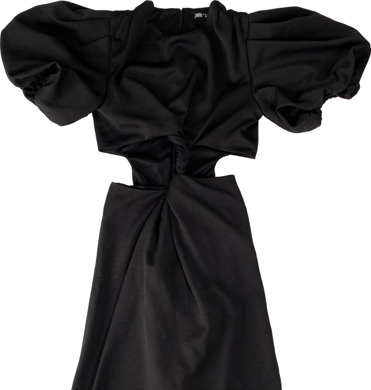 ZARA Black Puff Sleeve Mini Dress With Waist Cut Out BNWT UK S