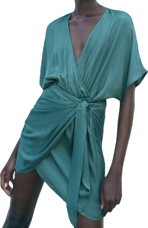 ZARA Green Satin Knot Detail Mini Dress BNWT UK S