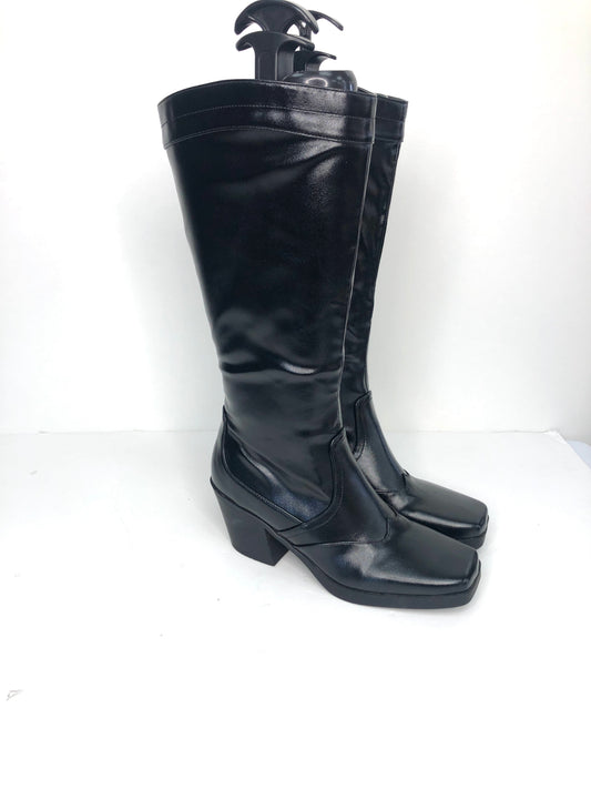 Nasty Gal Black Faux Leather Square Toe kne high Boots UK 4 EU 37 👠