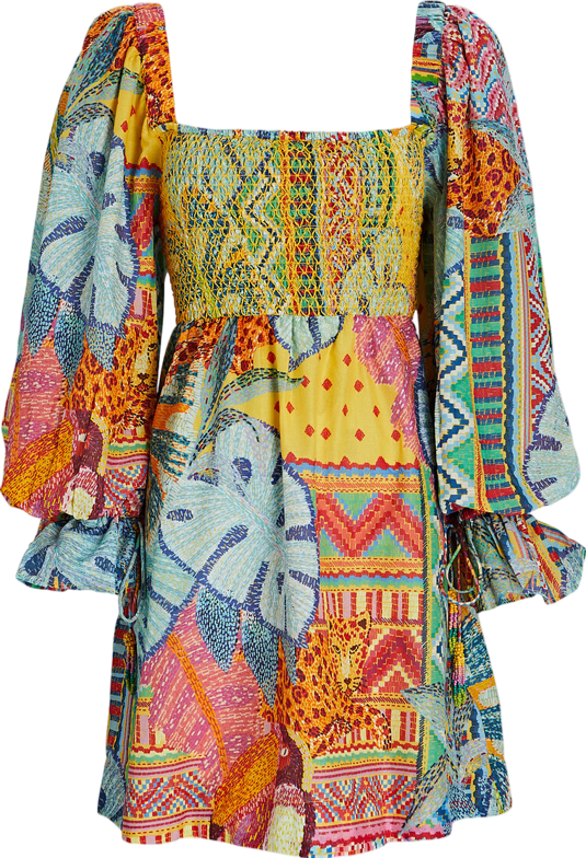 FARM RIO Multicoloured Farm Rio Summer Tapestry Smocked Mini Dress UK XS