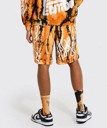boohooMan Orange Oversized Graffiti Tie Dye Jersey Shorts UK M