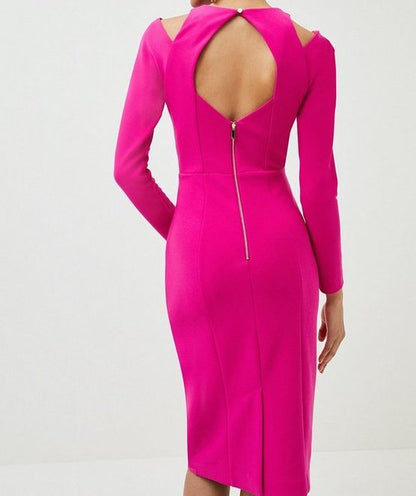 Karen Millen Pink Figure Form Stretch Woven Cut Out Midi Dress UK 8