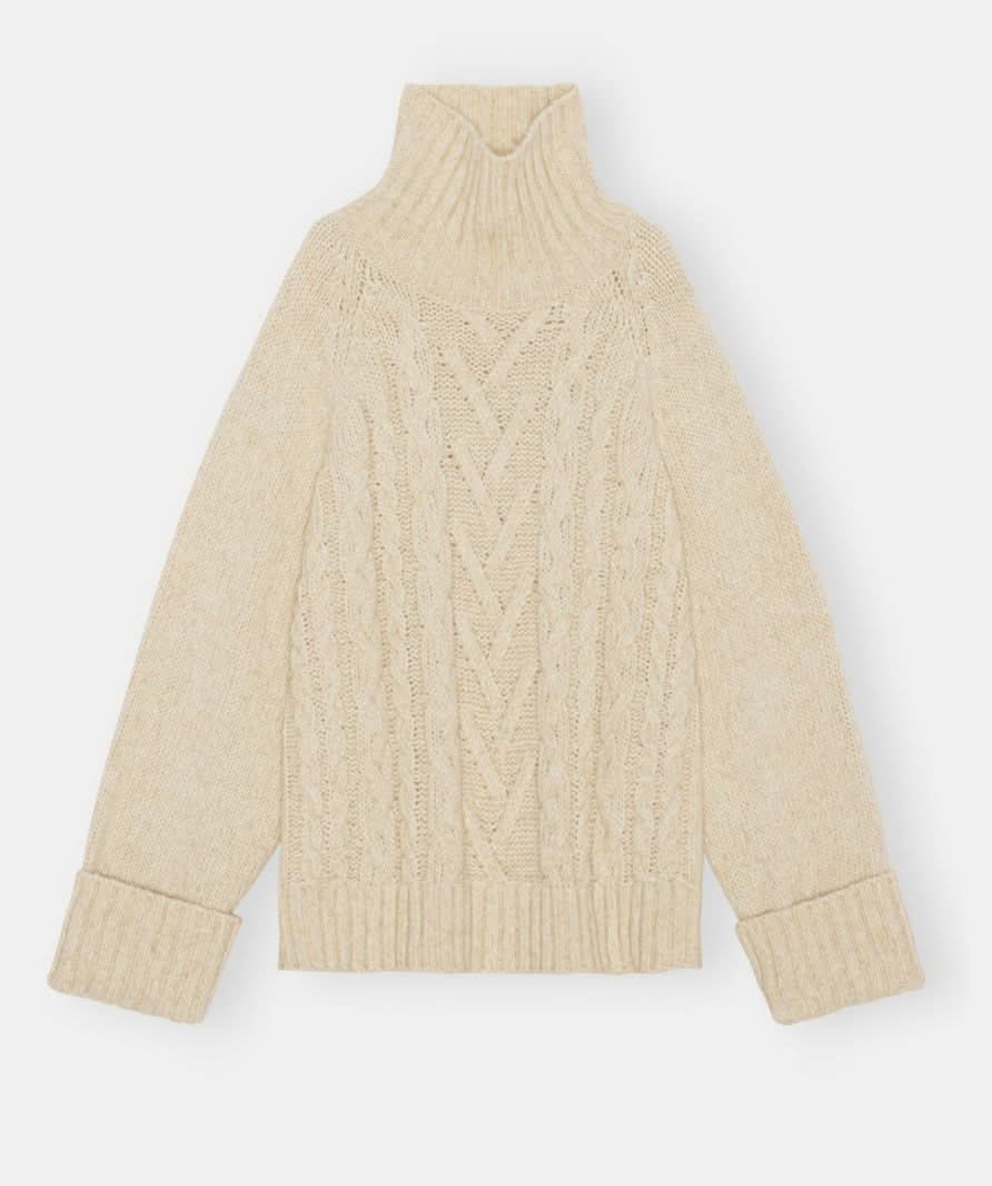 Ganni Beige Cotton/wool Blend K1797 High Neck Cable Knit Jumper UK S/M
