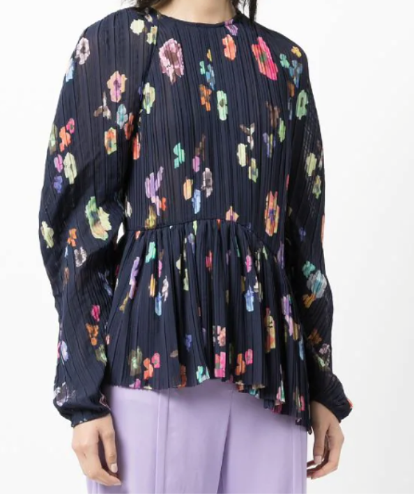 Stine Goya Navy Blue Print  Luni Pleated Top UK XS