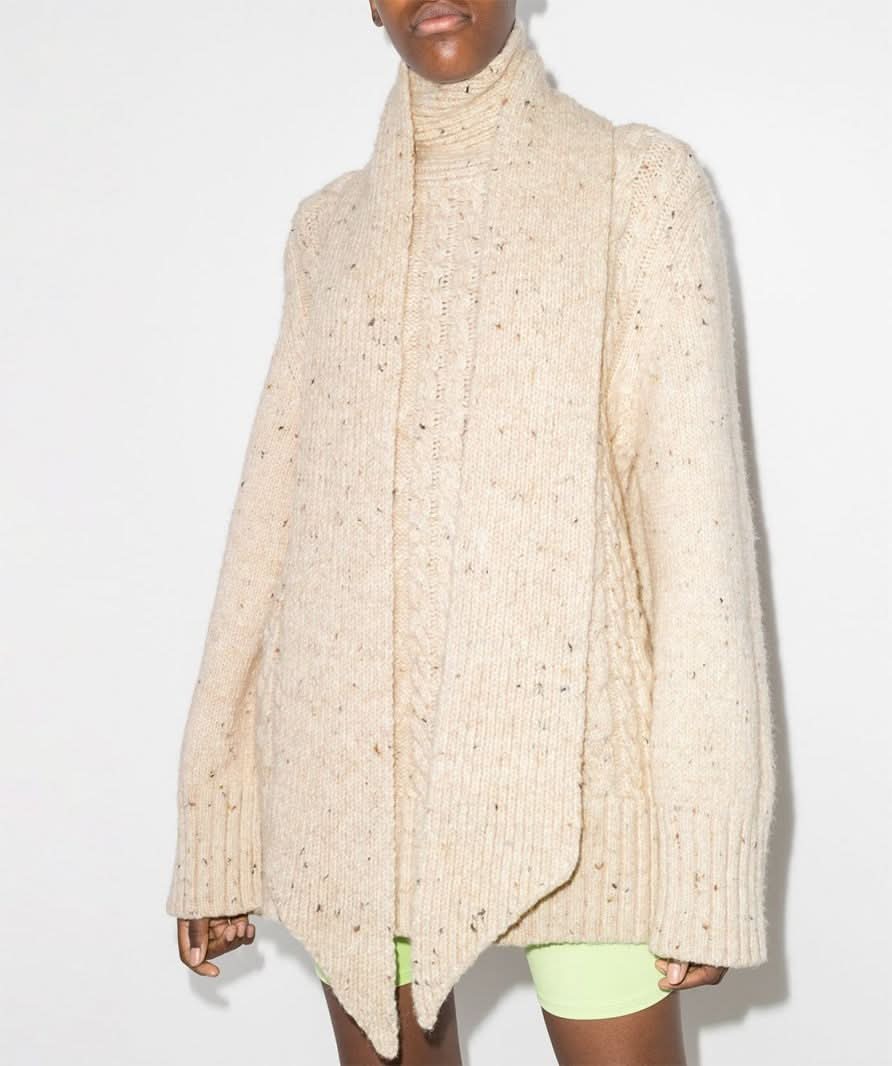 Ganni Cream Vanilla 100% Wool Marl Draped-neck Knit Jumper UK S/M