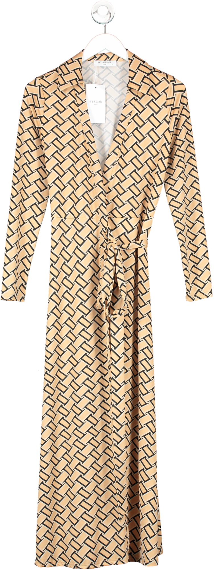 By Swan Brown Silk Geometric Maxi Dress UK S