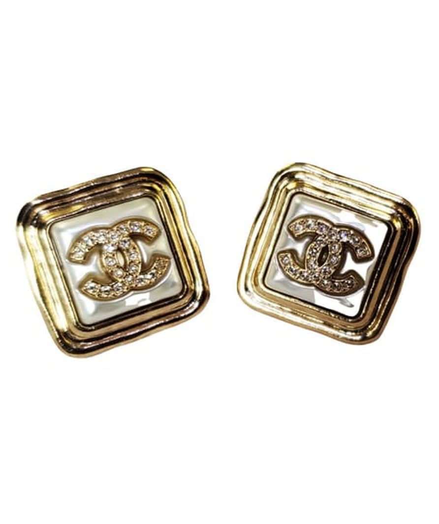 Chanel Metallic White/gold Mother Of Pearl Diamante Cc Earrings One Size