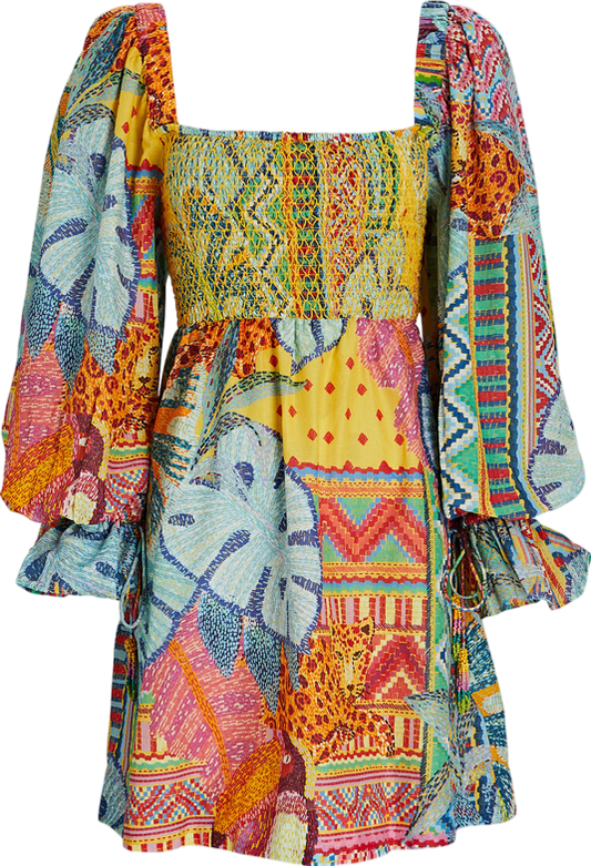 FARM RIO Multicoloured Summer Tapestry Smocked Mini Dress UK XS